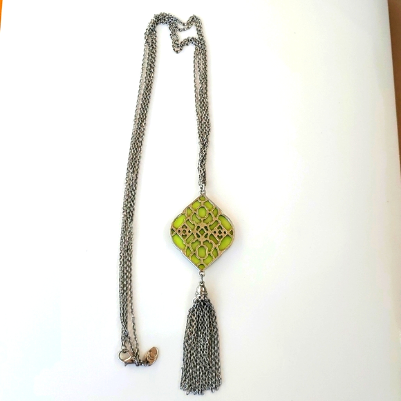 Candies Silver Tone Multi Strand Necklace Q Green Filigree Pendant 13$